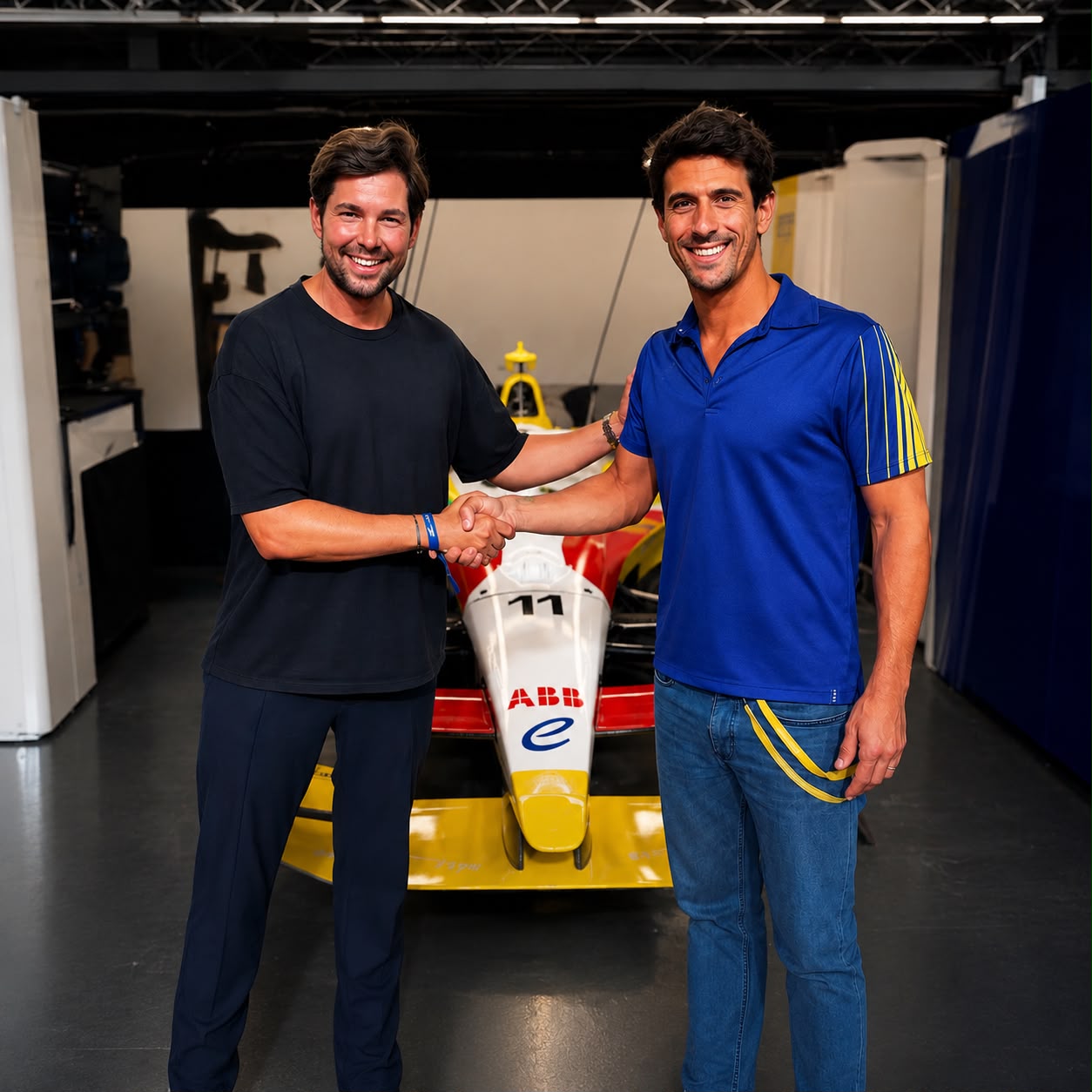 Lucas di Grassi and Filipe Blackwood shaking hands at the announcement of Black Grass Partners
